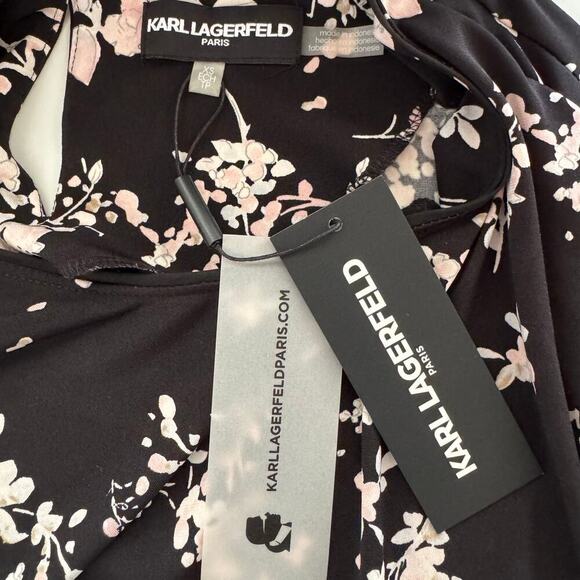 NWT Karl Lagerfeld Paris Black Blouse Shirt Pink Floral Bell Sleeve Women XS - Picture 6 of 13